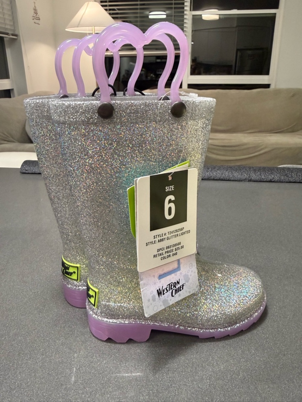 Western Chief Silver Glitter Rain Boots with Lavender Handles - Kids
